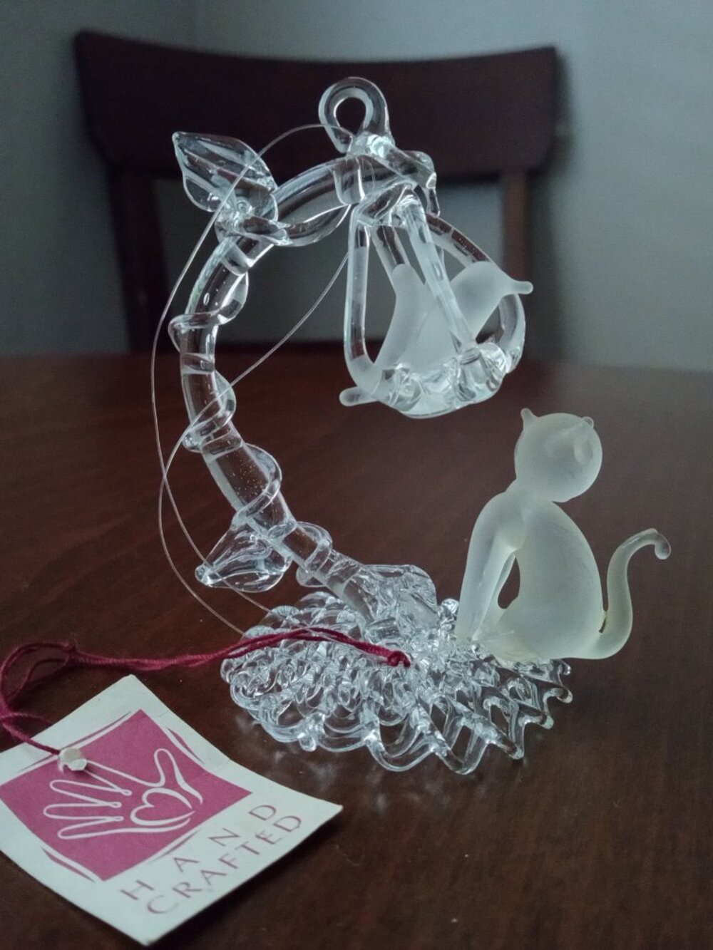 Vintage 1990s HAND CRAFTED glass ornament CAT BIRD figurine  beautiful whimsical